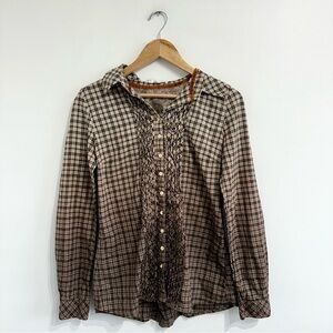 3J Workshop Johnny Was plaid Ombre button up top brown tan ruffled trim